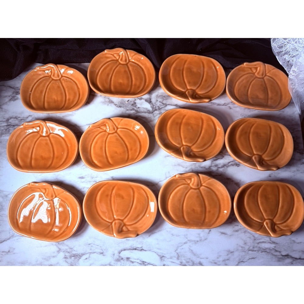 Ceramic Mini Pumpkin Shape Plates 12pc Micro/DW Safe Orange 3x4.5" (P2915)